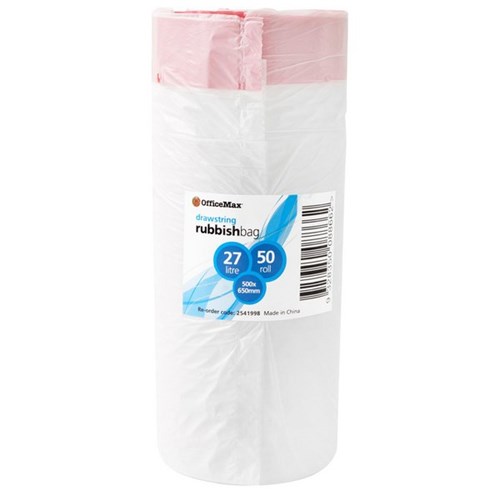 OfficeMax Rubbish Bag Drawstring White 500x650mm 14 Micron 27L, Roll of 50