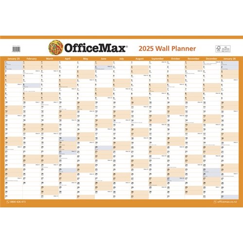 OfficeMax Dated Year Planner Double Sided Laminated 990x700mm 2025