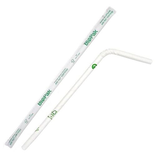 BioPak Regular Bendy Paper BioStraws Individually Wrapped 6x197mm White, Box of 250