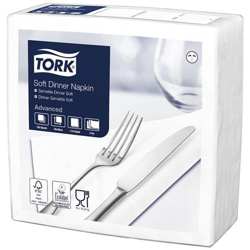 Tork Embossed Edge Dinner Napkin Quarter Fold 3 Ply White 390mm, Pack of 100