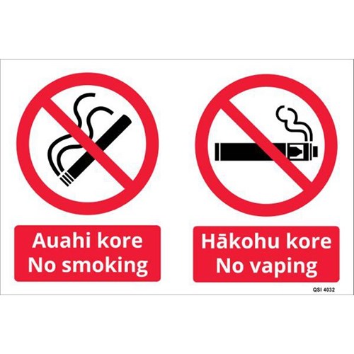 Auahi Kore/No Smoking Hakohu Kore/No Vaping Plastic Sign Maori/English 450x300mm