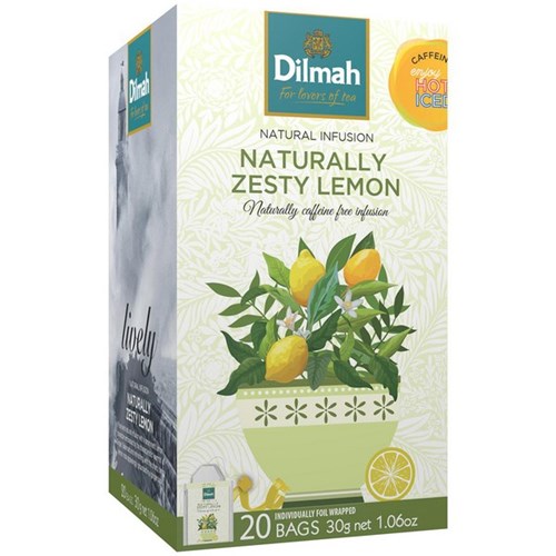 Dilmah Naturally Zesty Lemon Individually Foil Wrapped Tea Bags, Box of 20