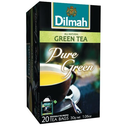 Dilmah Pure Green Tea Individually Foil Wrapped Tea Bags, Box of 20