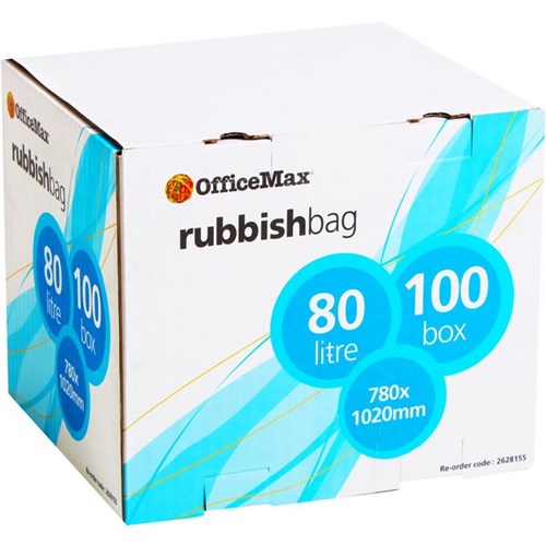 OfficeMax Dispenser Box Rubbish Bags 780 x 1020mm 30 Micron 80L Black, Box of 100