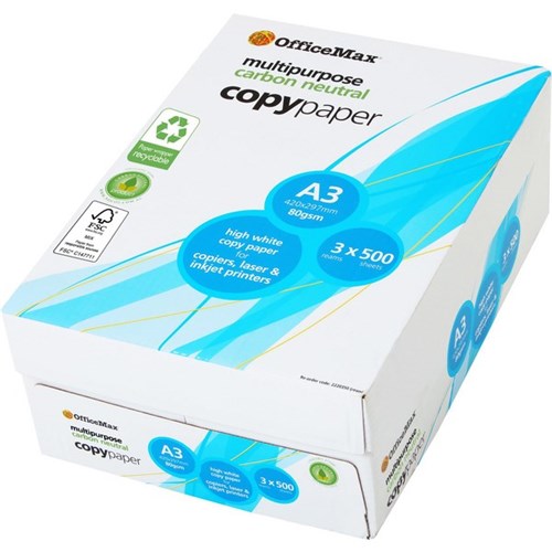 OfficeMax A3 80gsm Carbon Neutral White Copy Paper Recyclable Wrapper, 3 Packs of 500