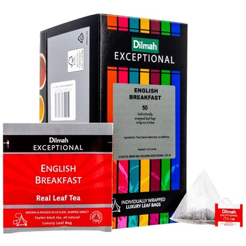 Dilmah Exceptional English Breakfast Individually Wrapped Luxury Leaf Tea Bags, Box of 50