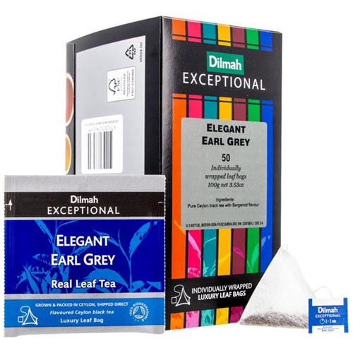 Dilmah Exceptional Elegant Earl Grey Individually Wrapped Luxury Leaf Tea Bags, Box of 50