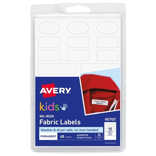 Avery Kids No-Iron Clothing Name Labels Assorted White 15 Per Sheet