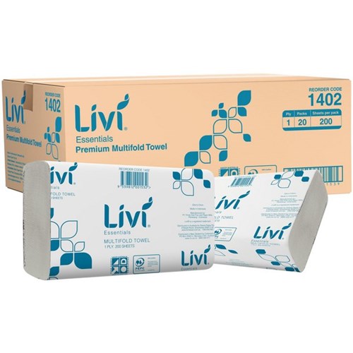 Livi Essentials Paper Towels Slim Fold 1 Ply 200 Sheets 1402, Carton of 20 Packs