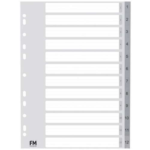 FM Index Dividers Tab 1-12 A4 Polyprop Grey