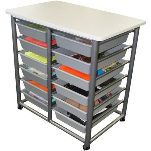 HiLite 12 Tote Mobile Storage Trolley With Trays 700x450mm White/Silver