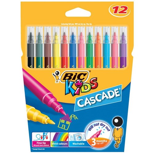 BIC Kids Cascade Felt Tip Markers Assorted Colours, Pack of 12