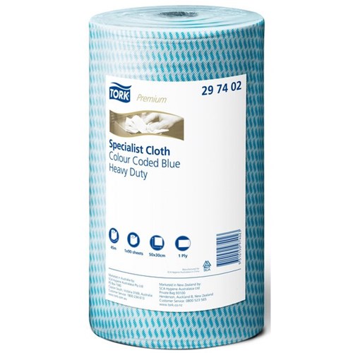 Tork Premium Heavy Duty Colour Coded Cloths 500 x 300mm Blue 297402, Roll of 90