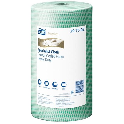 Tork Premium Heavy Duty Colour Coded Cloths 500 x 300mm Green 297502, Roll of 90