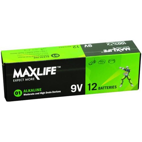 Maxlife Alkaline Batteries 9 Volt, Box of 12