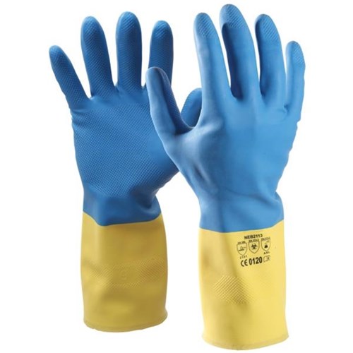 Esko Heveaprene Chemical Neoprene/Latex Gloves Blue/Yellow, Pack of 12 Pairs