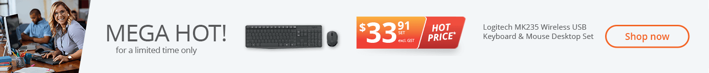 Hot price* offer on Logitech MK235 Wireless USB Keyboard & Mouse Desktop Set, now only for $33.91 excl. GST