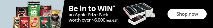 Be in to WIN* an Apple prize pack worth over $6000 incl. GST when you order any featured Nescafe, Nestle or Milo product before 25 July 2025 to enter. Shop Now.
